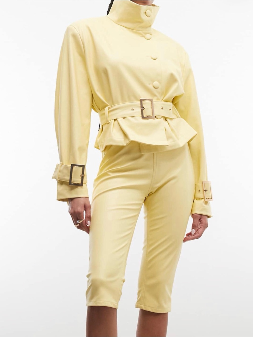 AFRM Pale Yellow High-Waist Cropped Pants with Belted Waist